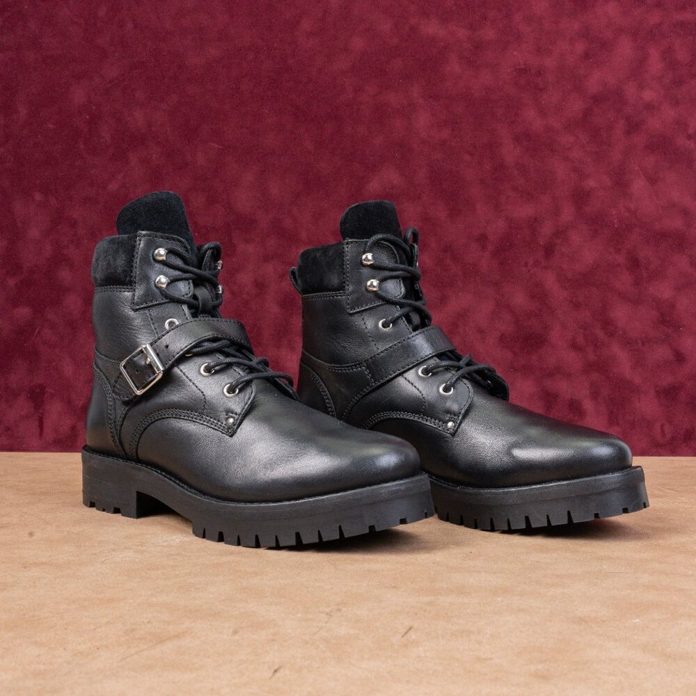 AllSaints Women Paulina Buckle Black Leather Ankle Combat Boots size 9US EUR39